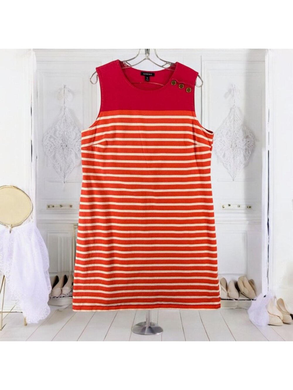 Lands End XL Nautical Stripe Sleeveless Striped Dress Red Orange Cotton Blend C